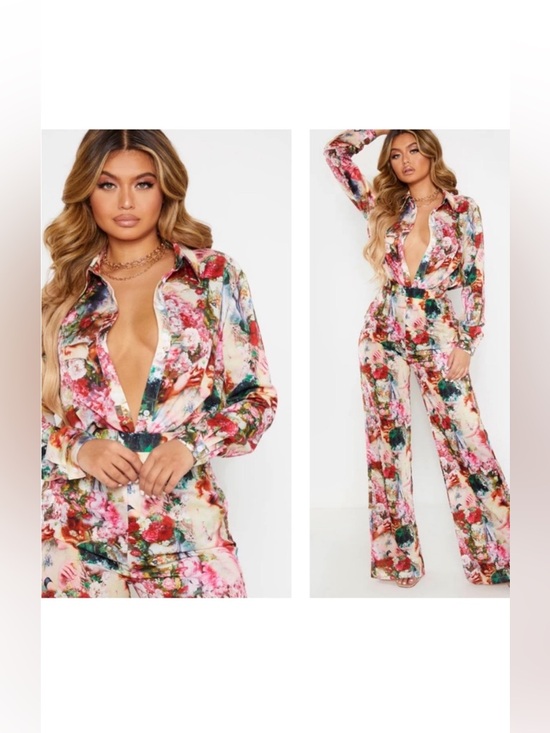 PrettyLittleThing Pants - PrettyLittleThing 2pc Rose Femme
Renaissance Print Satin Shirt & Pants Set -Sz 6